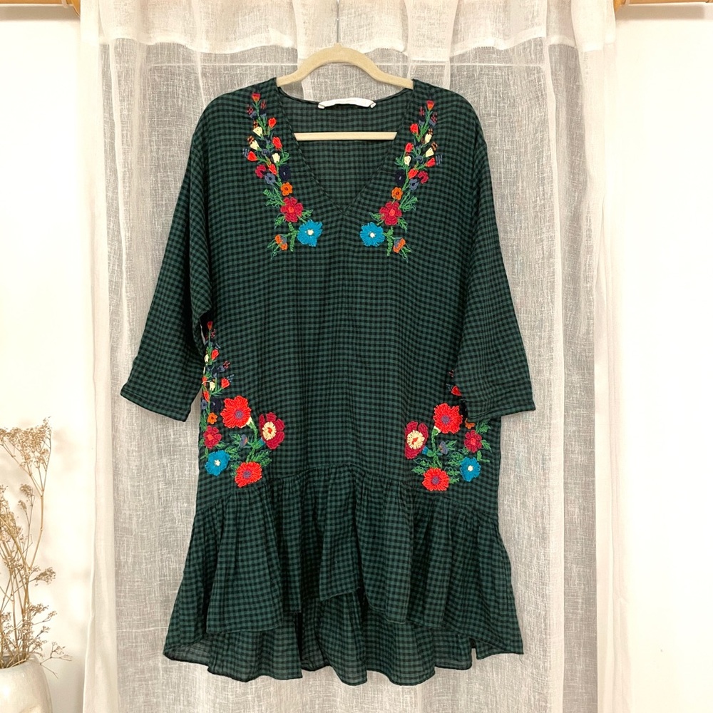Zara Green Check Embroidered Dress